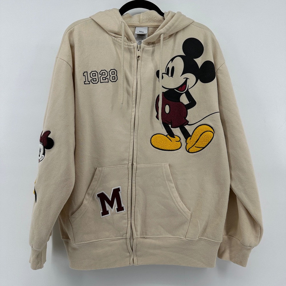 Disney Mickey Mouse Ivory Zip Up Hoodie Varsity Chenille Patch M MYSJUG2-4L16
